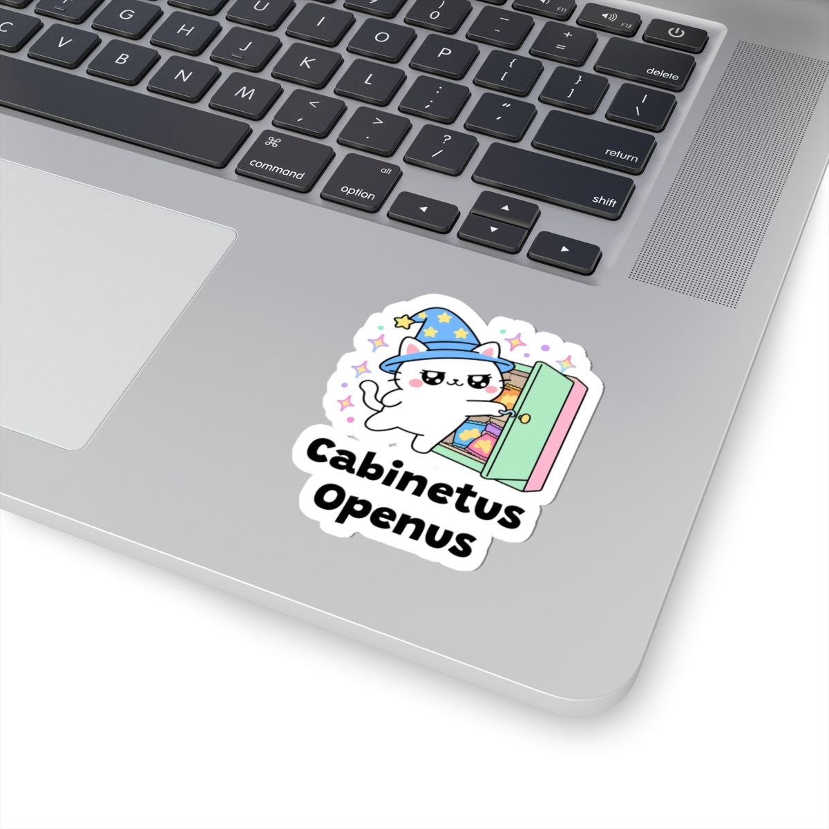 Cabinetus Openus wizard cat sticker stuck on a silver laptop next to the keyboard