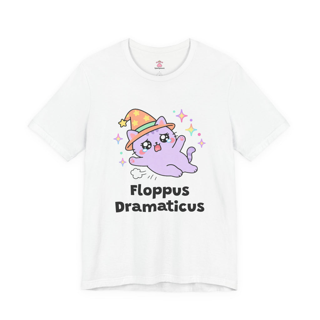 Lavender wizard cat in a pink hat flopping dramatically onto its side in a dust puff, Floppus Dramaticus tee