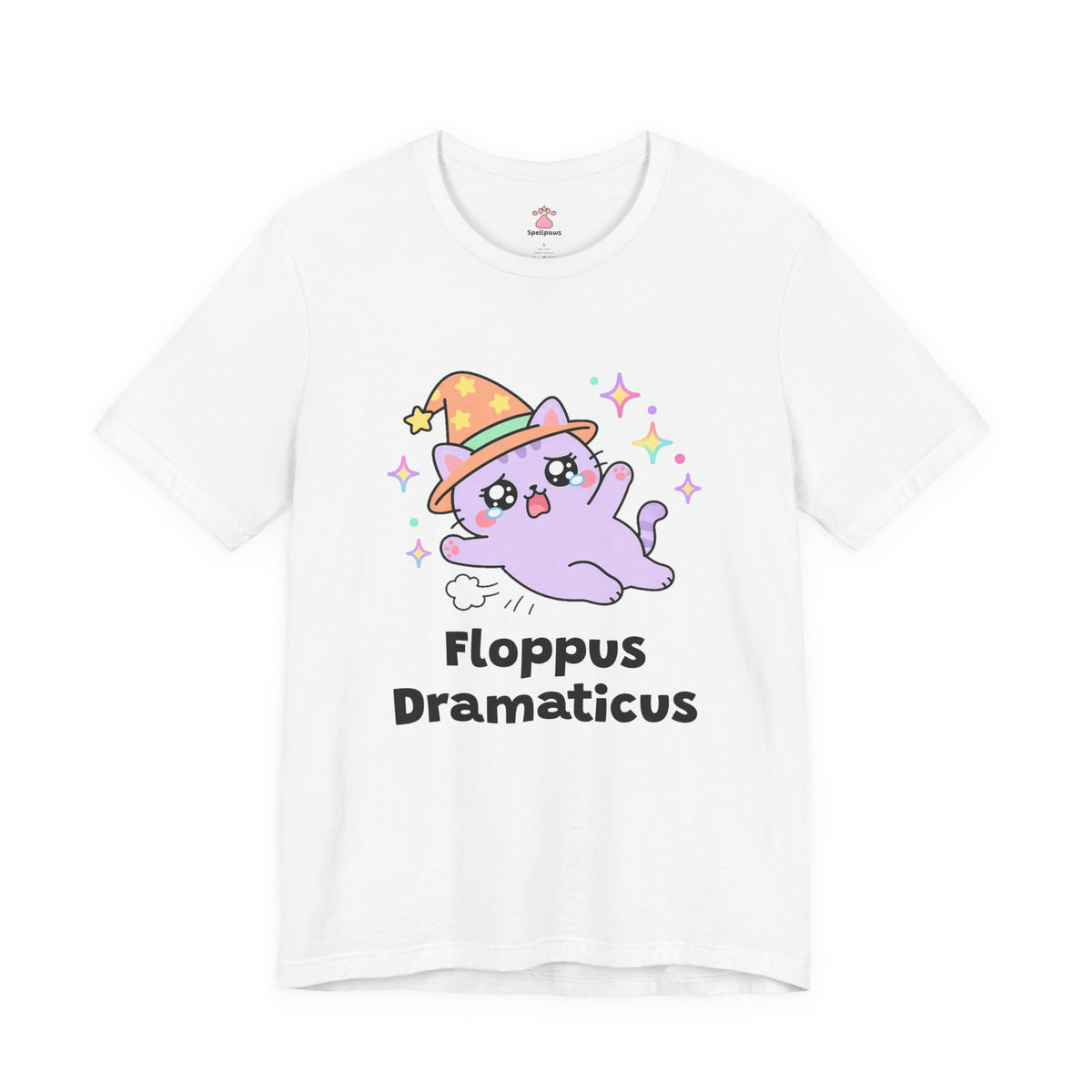 Lavender wizard cat in a pink hat flopping dramatically onto its side in a dust puff, Floppus Dramaticus tee