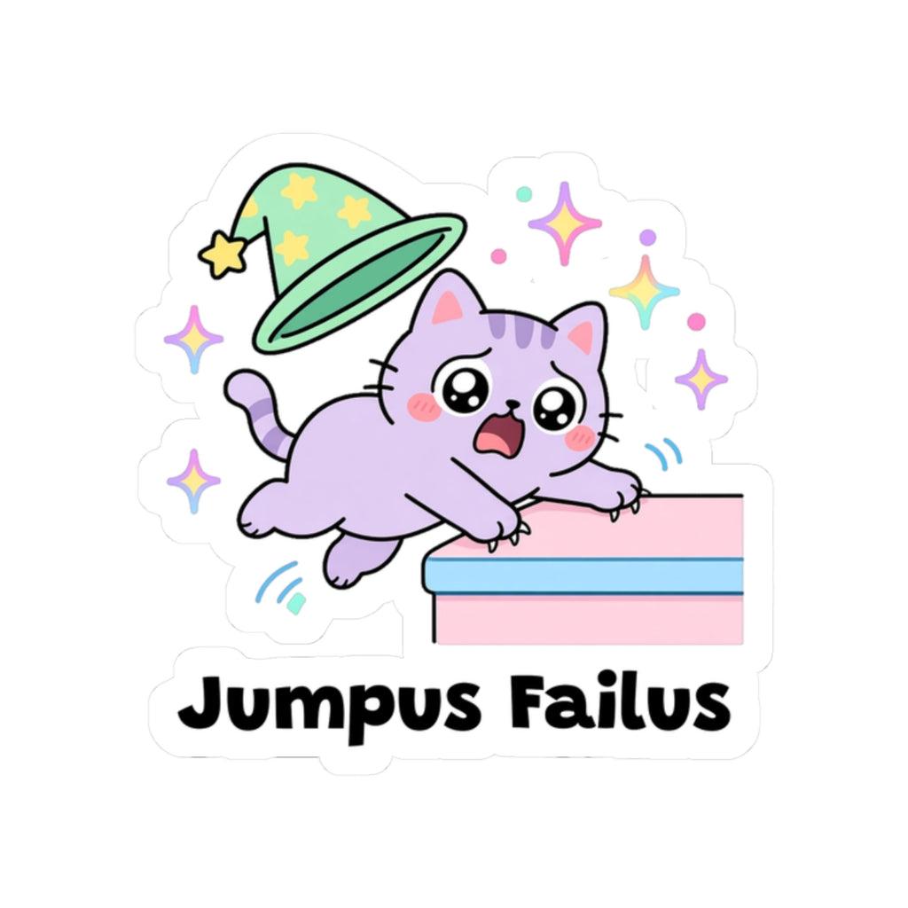 Jumpus Failus kiss-cut vinyl sticker on a white background, size option 4: lilac wizard cat in a green hat missing a jump onto a pastel ledge
