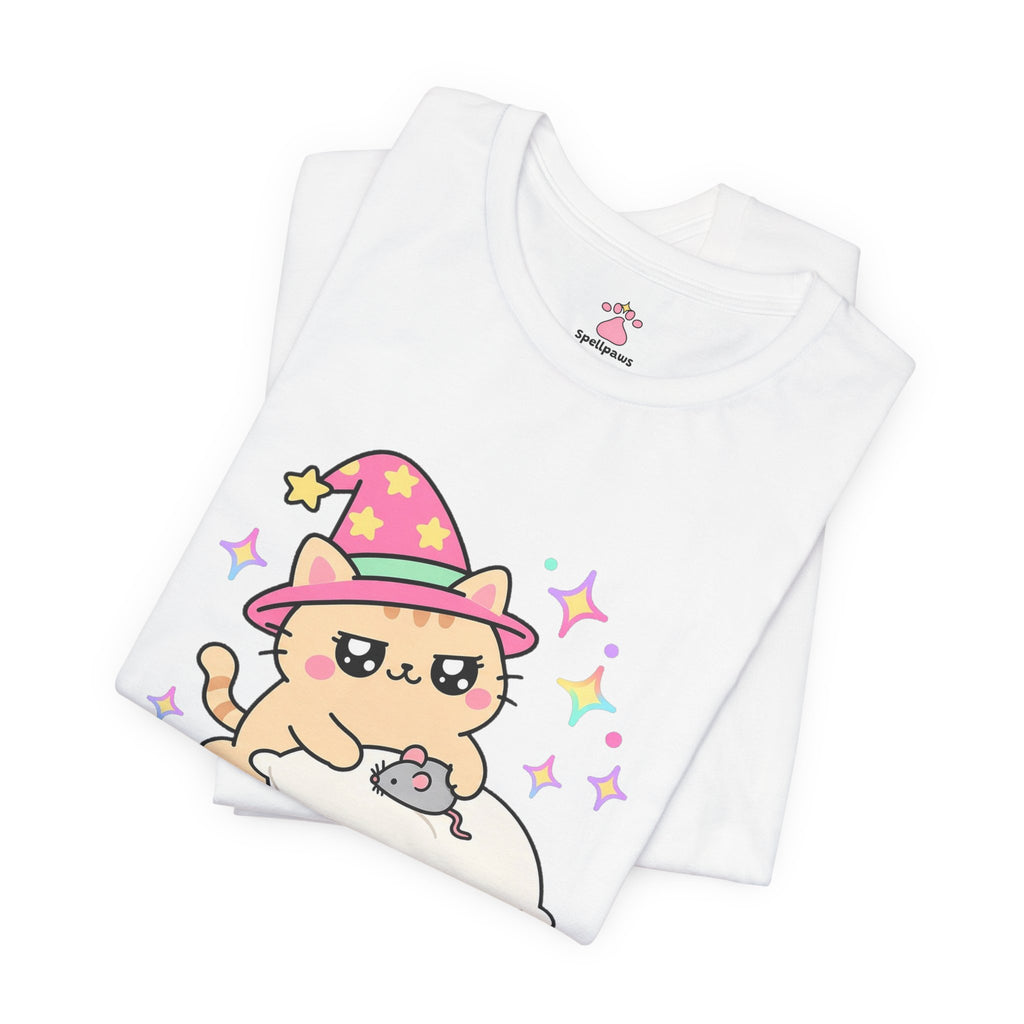 Orange wizard cat in a pink hat proudly delivering a toy mouse onto a pillow, Giftus Mousus Presentus tee