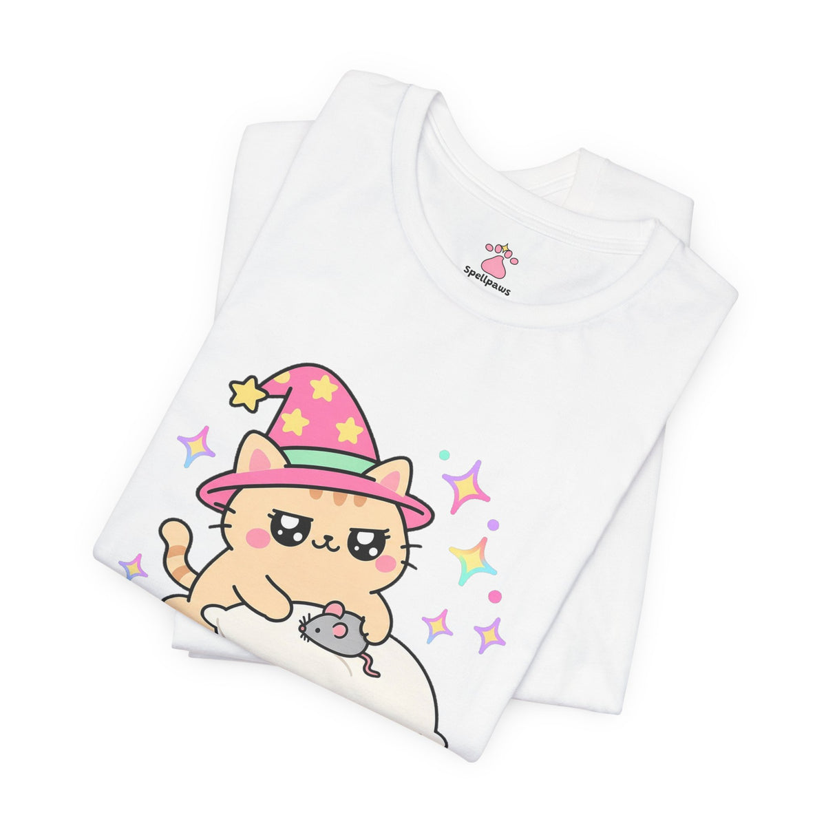 Orange wizard cat in a pink hat proudly delivering a toy mouse onto a pillow, Giftus Mousus Presentus tee