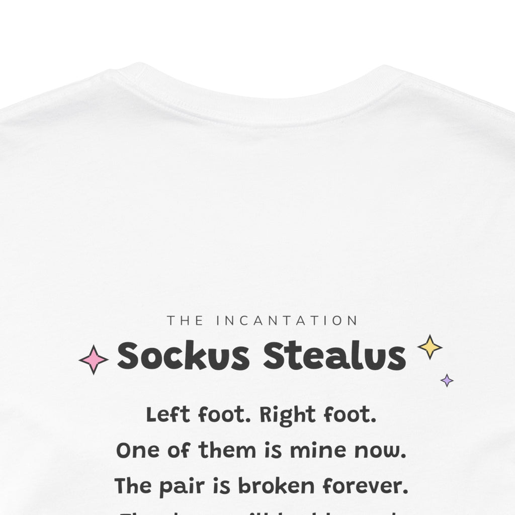 Wizard cat dragging a stolen sock, Sockus Stealus tee
