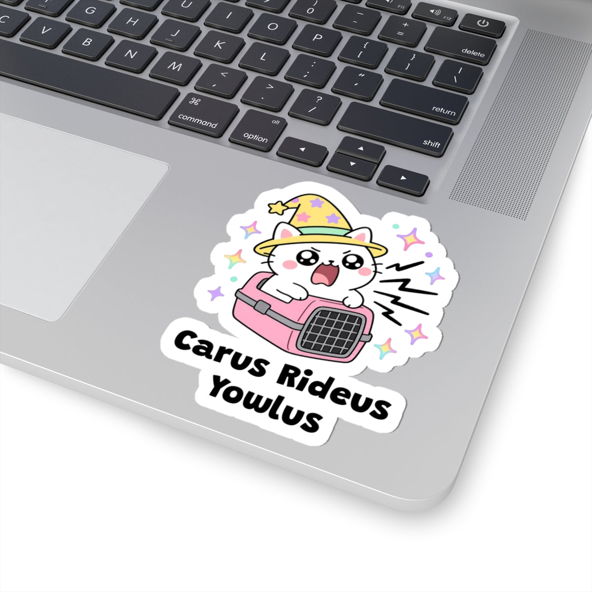 Carus Rideus Yowlus wizard cat sticker stuck on a silver laptop next to the keyboard
