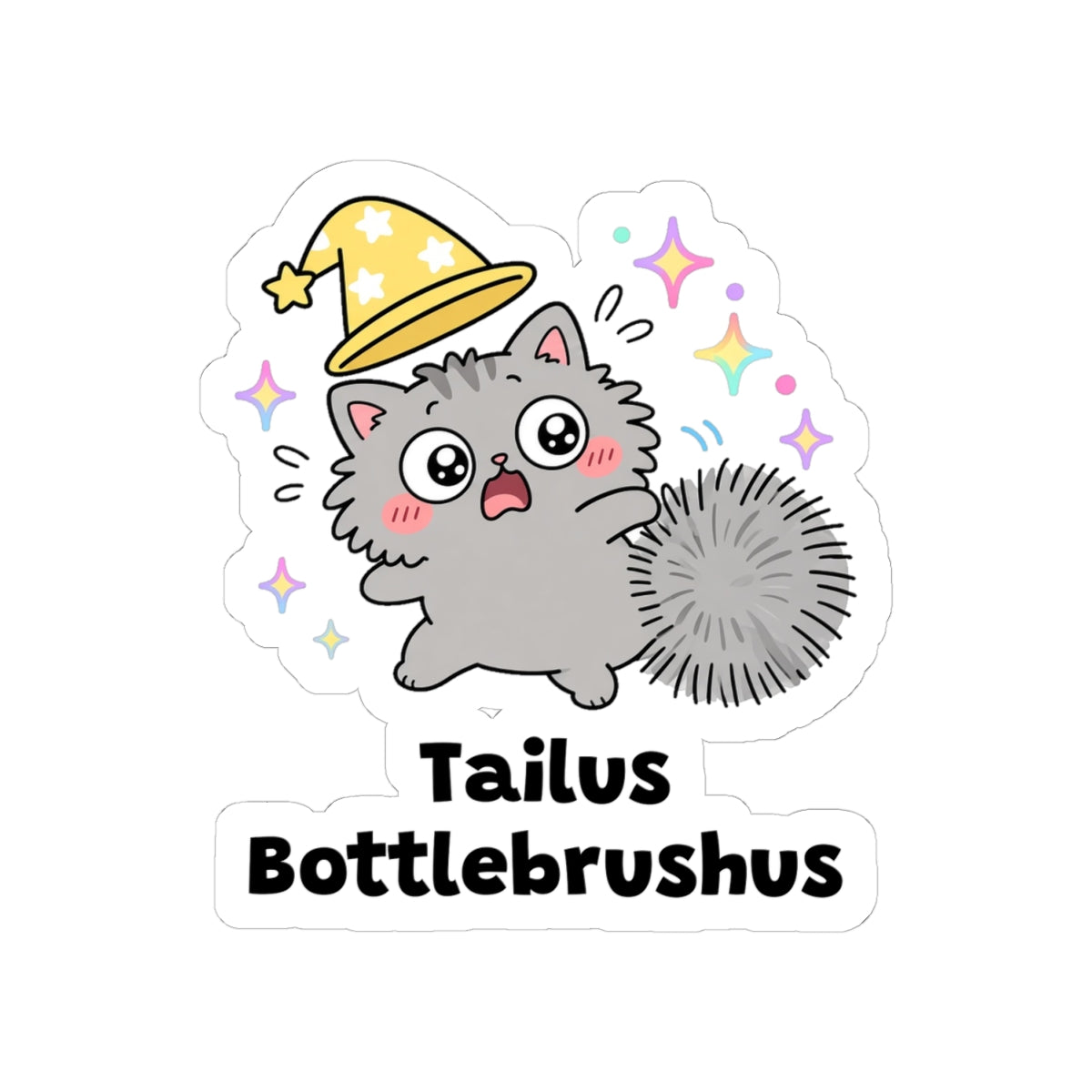 Tailus Bottlebrushus kiss-cut vinyl sticker on a white background, size option 2: grey wizard cat in a yellow hat, startled, with a huge puffed bottlebrush tail