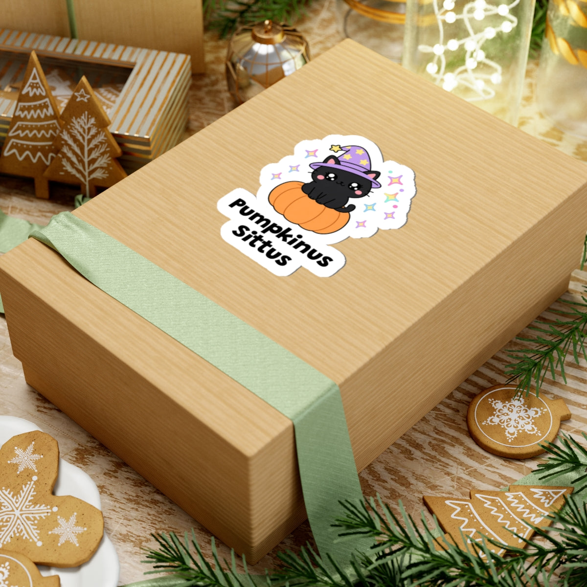 Pumpkinus Sittus wizard cat sticker on a kraft gift box with a green ribbon and holiday cookies