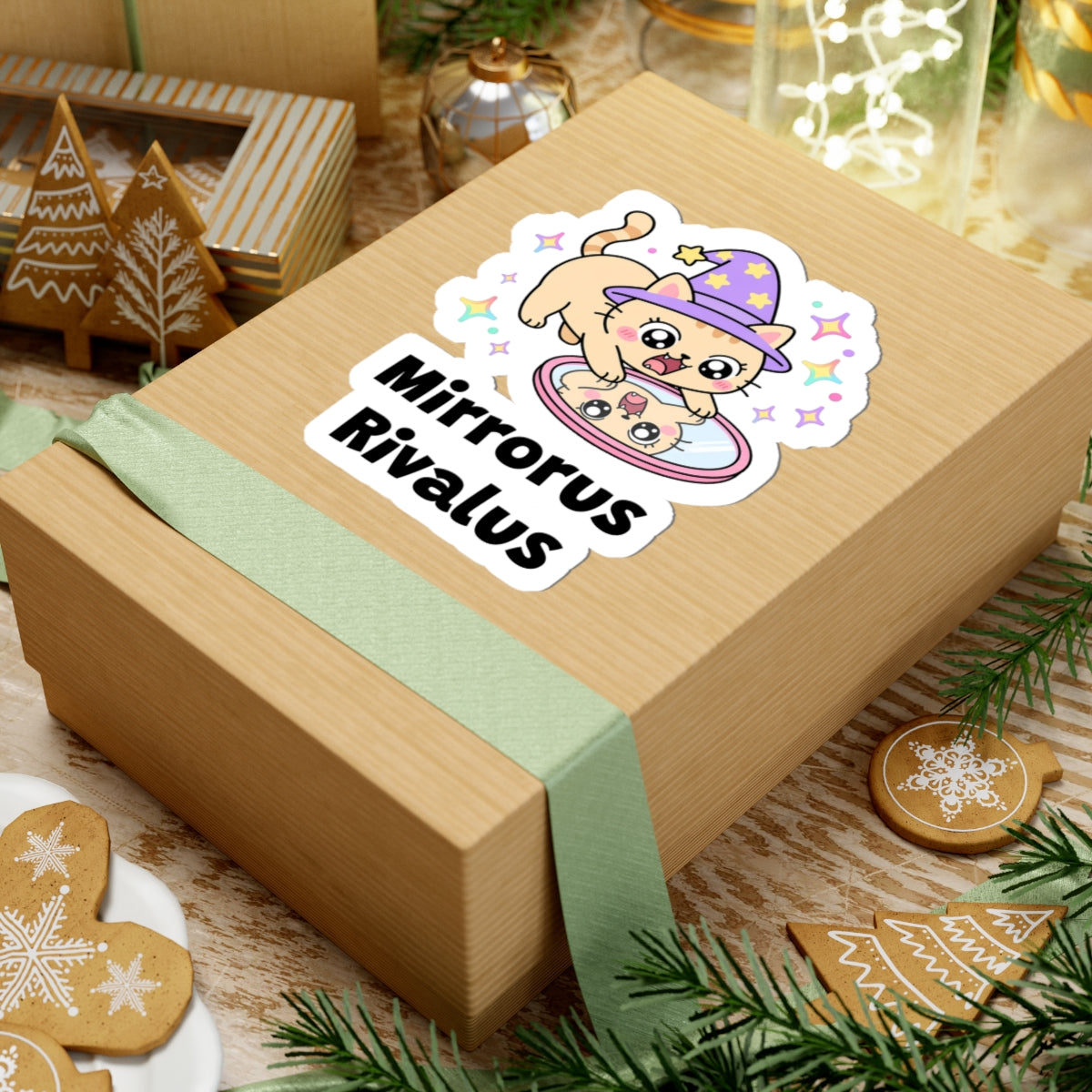 Mirrorus Rivalus wizard cat sticker on a kraft gift box with a green ribbon and holiday cookies