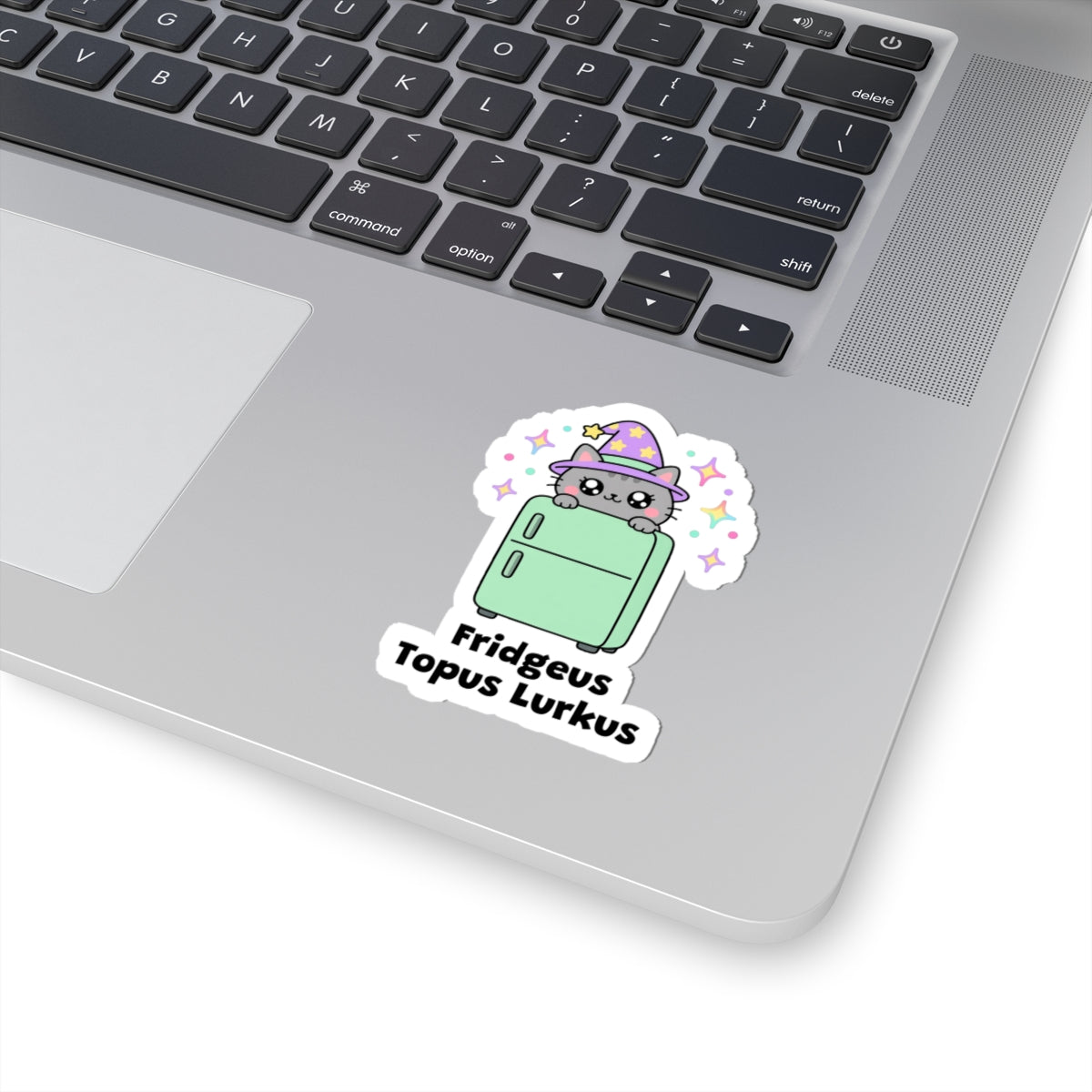 Fridgeus Topus Lurkus wizard cat sticker stuck on a silver laptop next to the keyboard