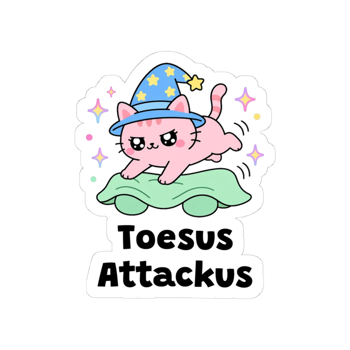 Toesus Attackus kiss-cut vinyl sticker on a white background, size option 2: pink wizard cat in a blue hat pouncing on toes wiggling under a green blanket