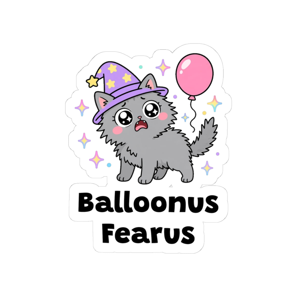 Balloonus Fearus kiss-cut vinyl sticker with a white border: grey wizard cat in a purple hat, fur puffed up in fright at a floating pink balloon, with "Balloonus Fearus" in black letters