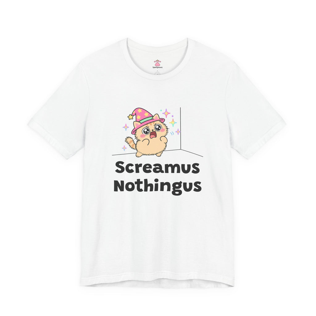 Puffed-up wizard cat in a pink hat yelling at an empty corner of the room, Screamus Nothingus tee
