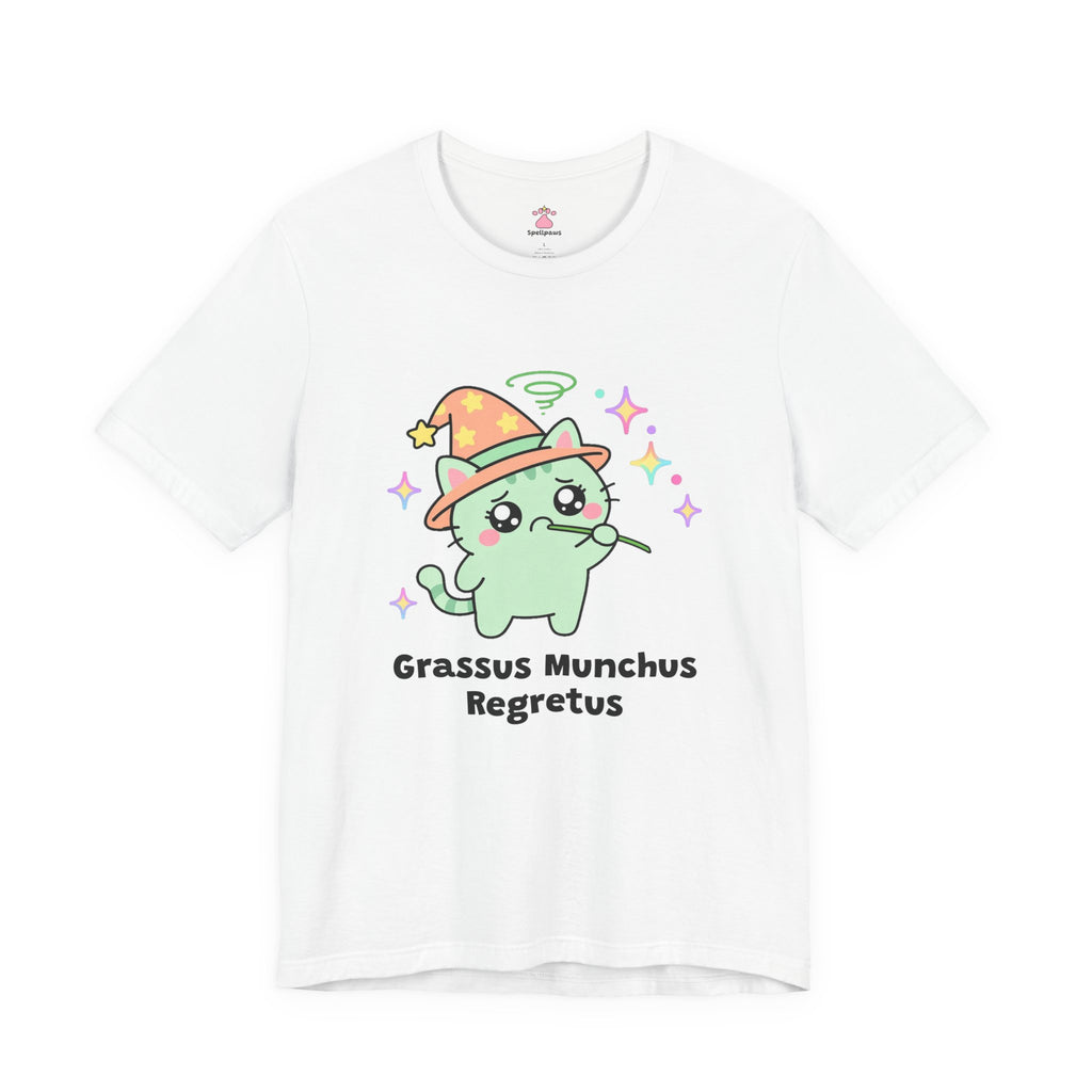 Mint green wizard cat in an orange hat chewing a blade of grass with an uh-oh face and a green swirl overhead, Grassus Munchus Regretus tee