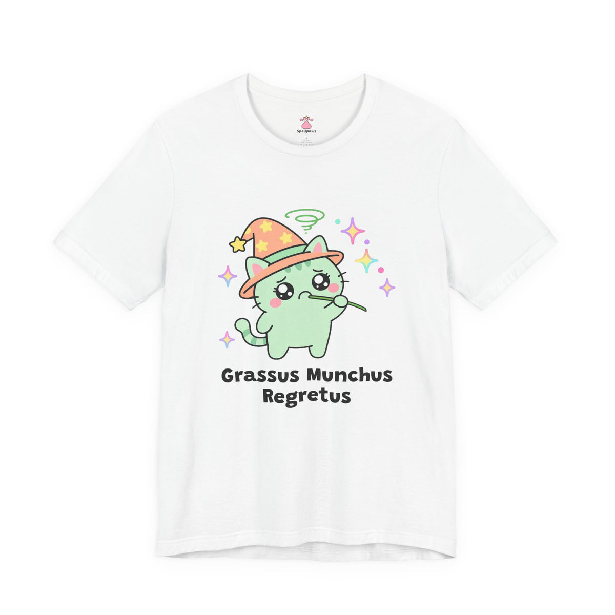Mint green wizard cat in an orange hat chewing a blade of grass with an uh-oh face and a green swirl overhead, Grassus Munchus Regretus tee