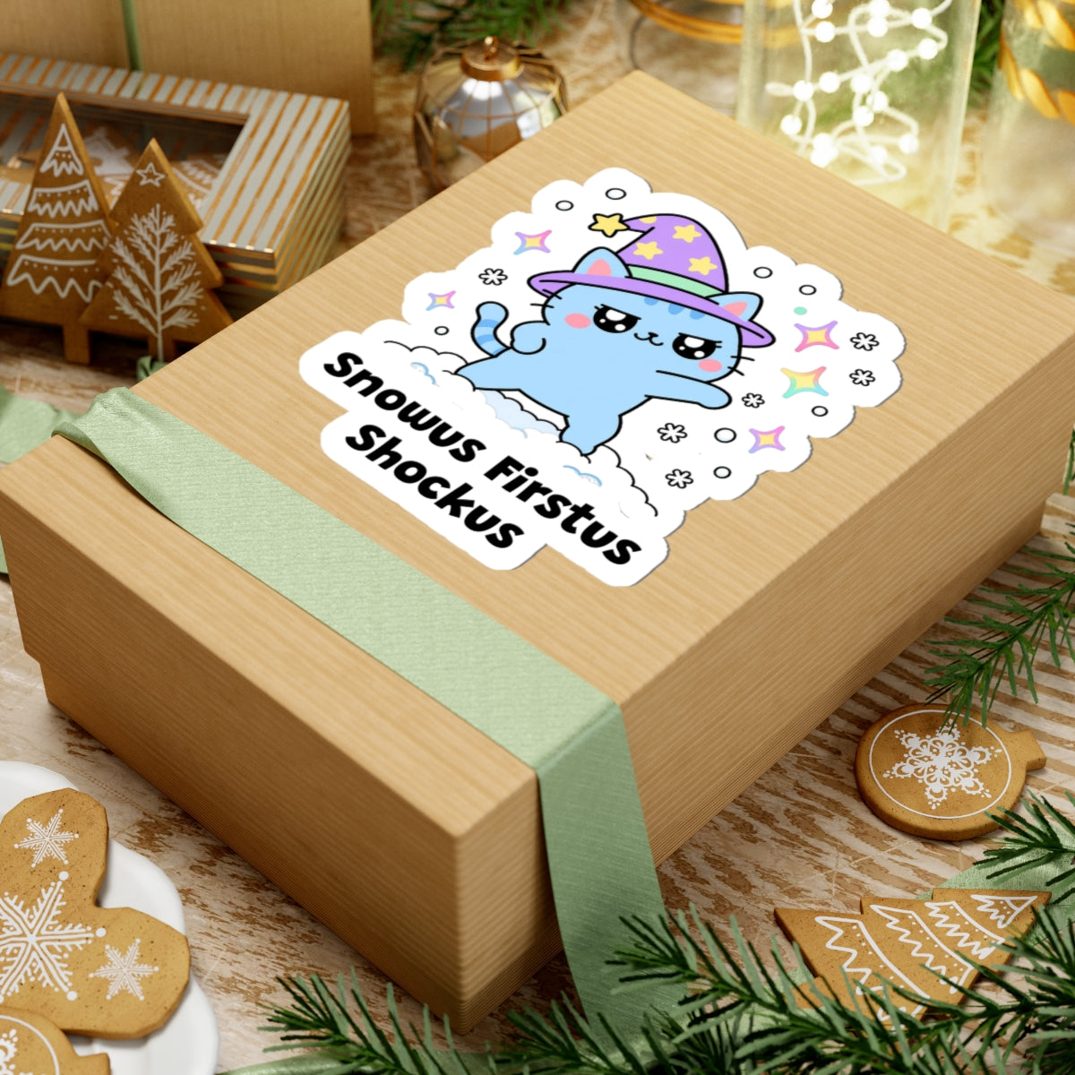 Snowus Firstus Shockus wizard cat sticker on a kraft gift box with a green ribbon and holiday cookies
