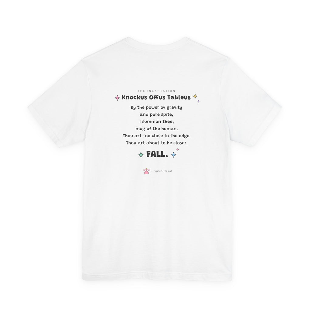 Wizard cat in a pink hat knocking a cup off a table, Knockus Offus Tableus tee