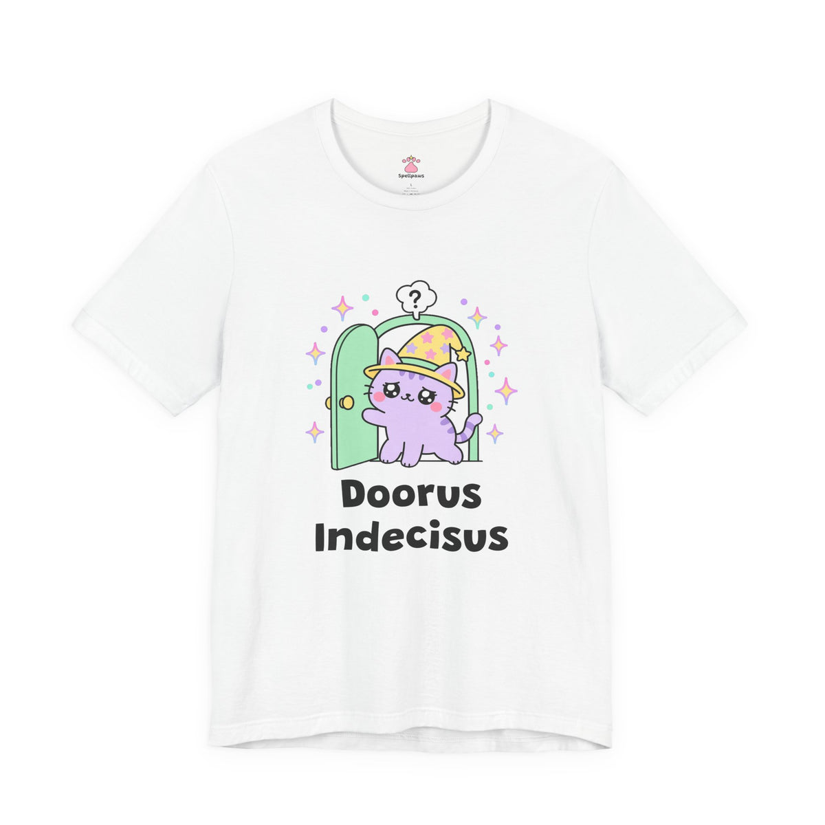 White Doorus Indecisus wizard cat T-shirt, front view: lilac wizard cat in a yellow hat standing in an open green doorway with a question mark, with "Doorus Indecisus" printed below
