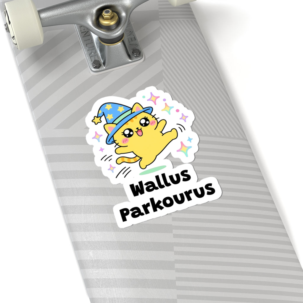 Wallus Parkourus wizard cat sticker on a grey skateboard deck near the truck
