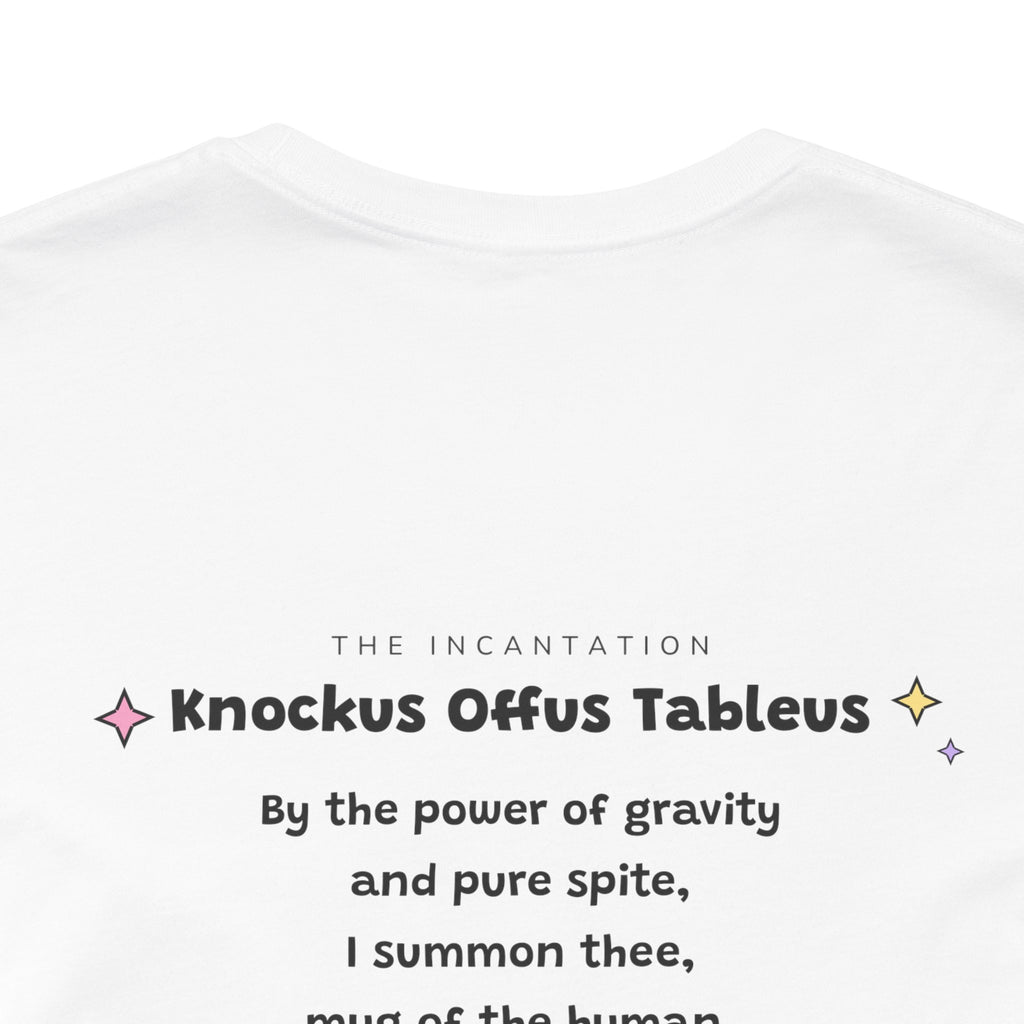 Wizard cat in a pink hat knocking a cup off a table, Knockus Offus Tableus tee