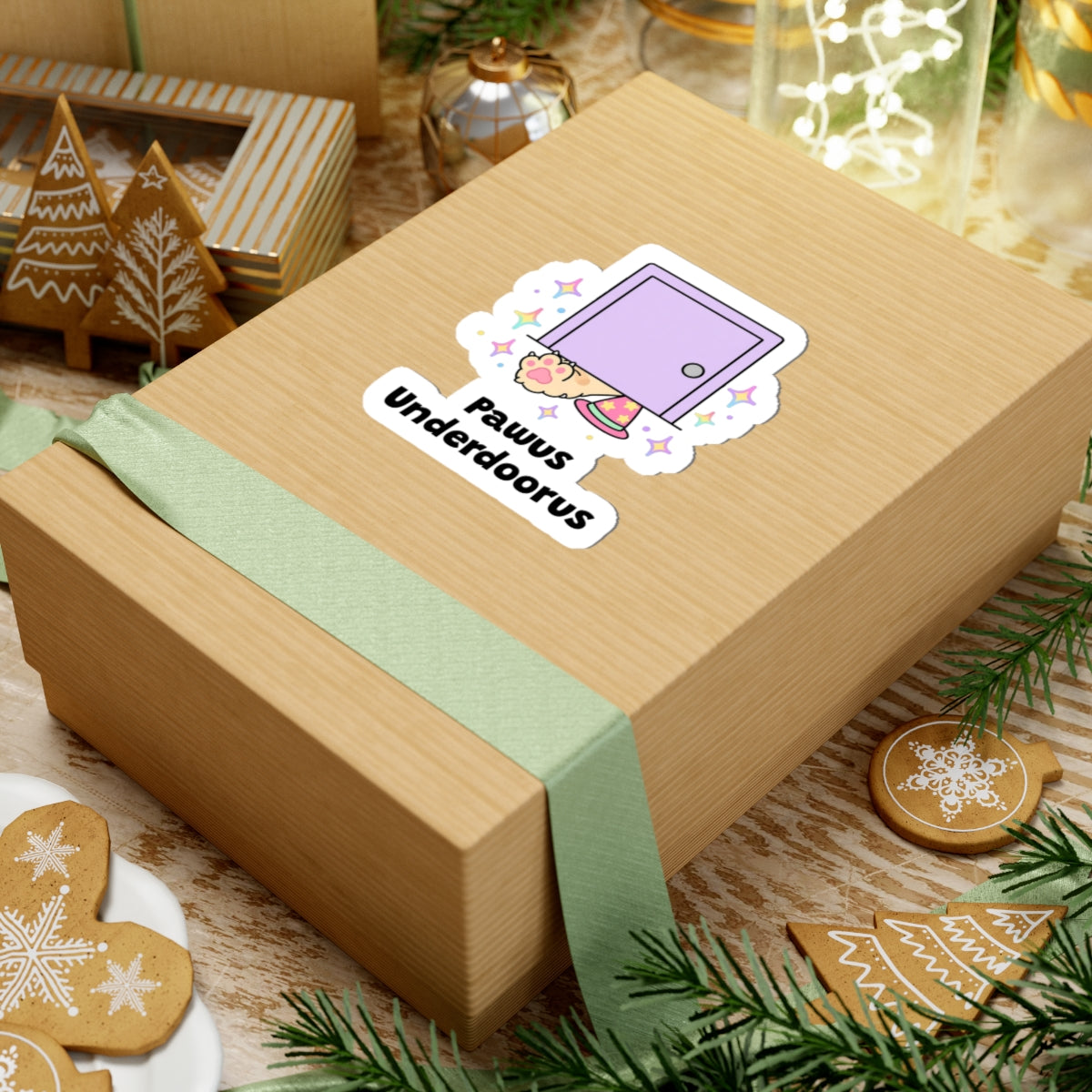 Pawus Underdoorus wizard cat sticker on a kraft gift box with a green ribbon and holiday cookies