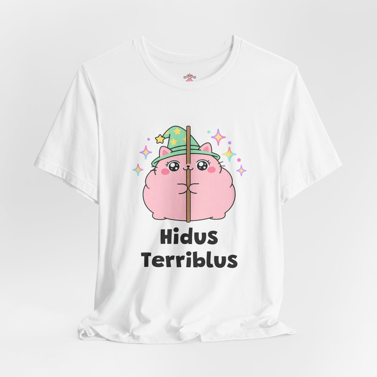 Chubby pink wizard cat hiding behind a thin chair leg with its whole body still visible, Hidus Terriblus tee