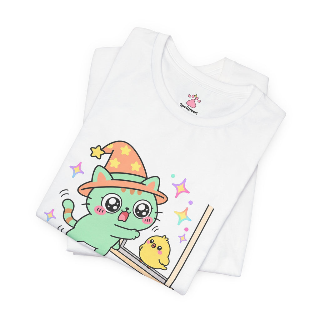 Green wizard cat in an orange hat chattering at a tiny yellow bird outside a window, Chatterus Birdus tee