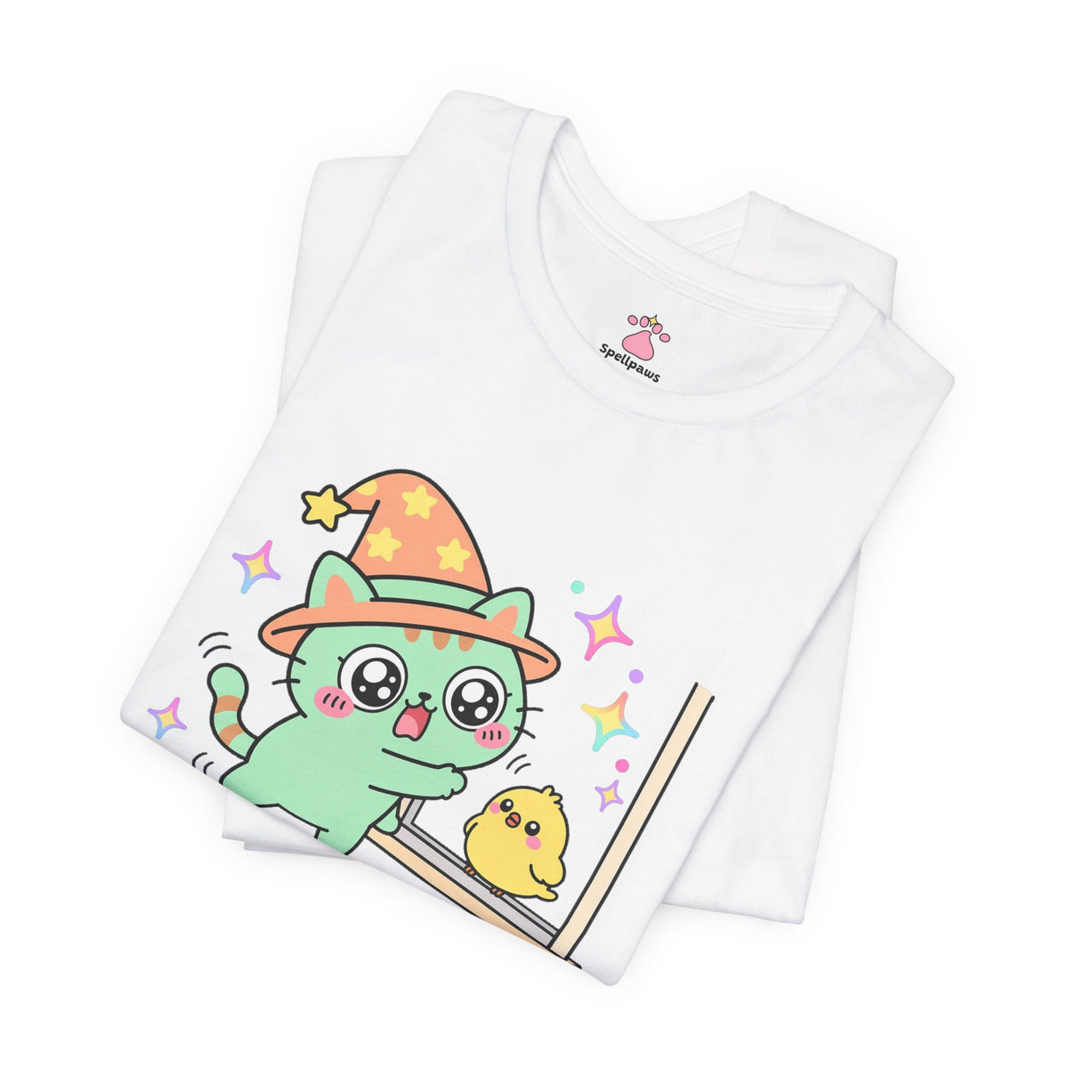 Green wizard cat in an orange hat chattering at a tiny yellow bird outside a window, Chatterus Birdus tee