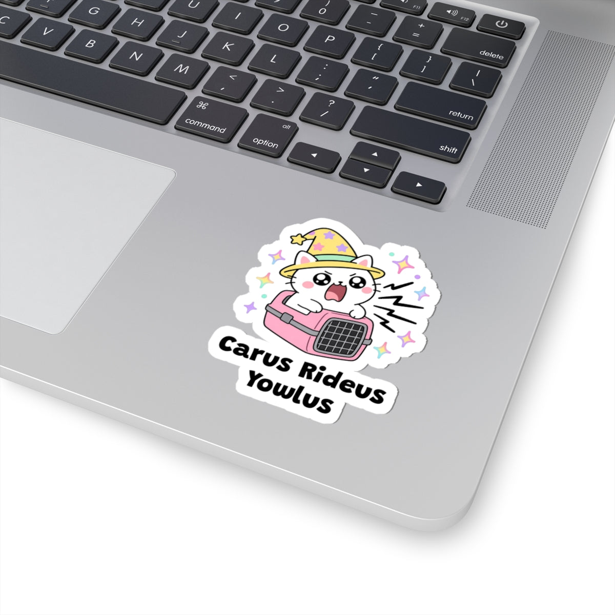 Carus Rideus Yowlus wizard cat sticker stuck on a silver laptop next to the keyboard