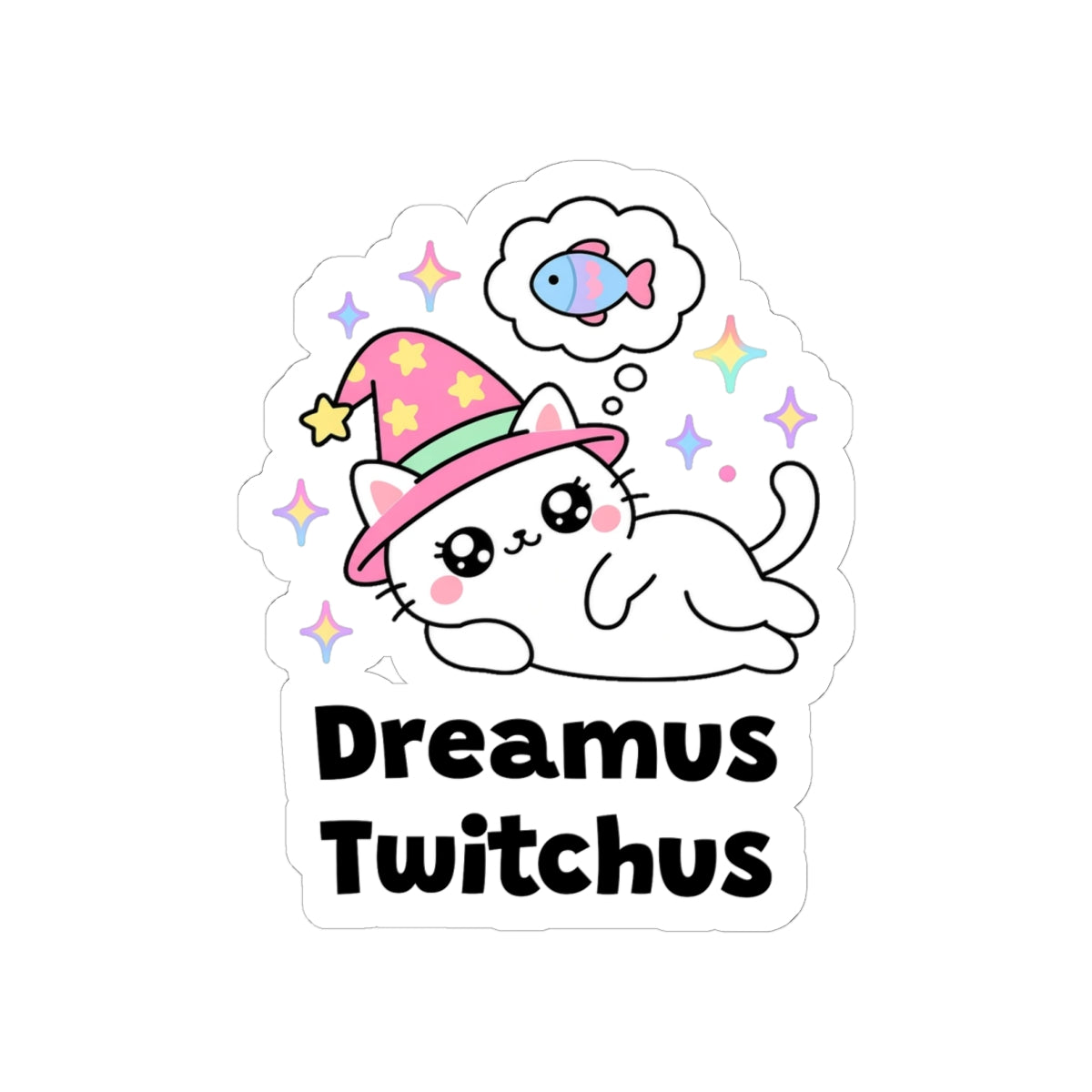 Dreamus Twitchus kiss-cut vinyl sticker on a white background, size option 3: white wizard cat in a pink hat asleep on its side, dreaming of a fish in a thought bubble