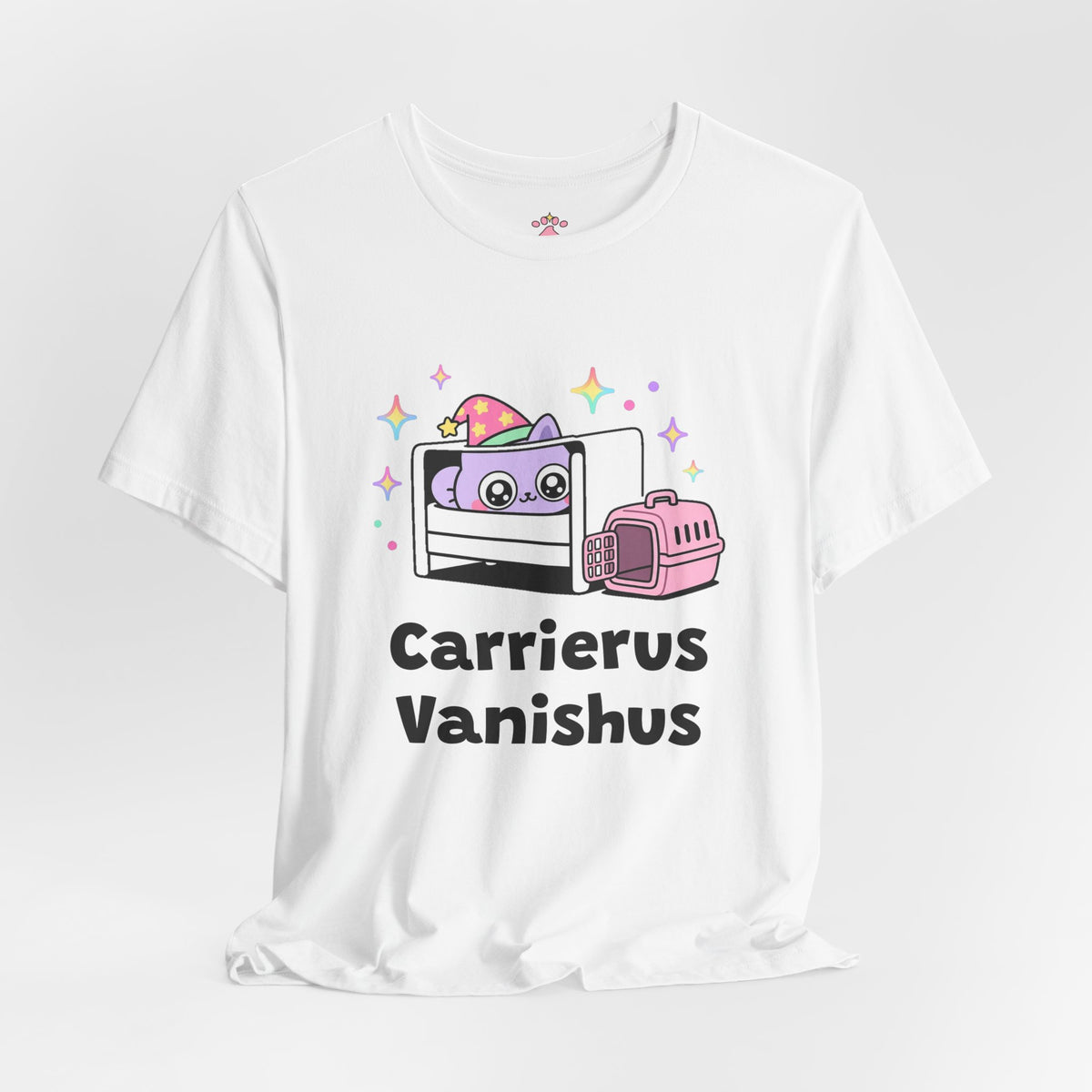 Purple wizard cat hiding under a bed with glowing eyes while a pink pet carrier waits nearby, Carrierus Vanishus tee