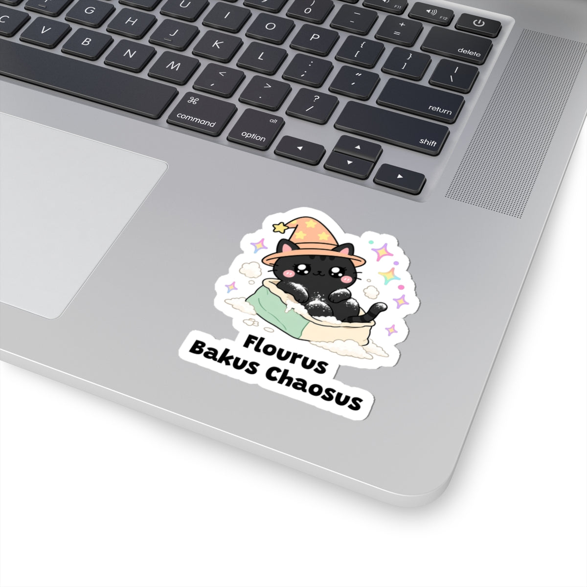 Flourus Bakus Chaosus wizard cat sticker stuck on a silver laptop next to the keyboard