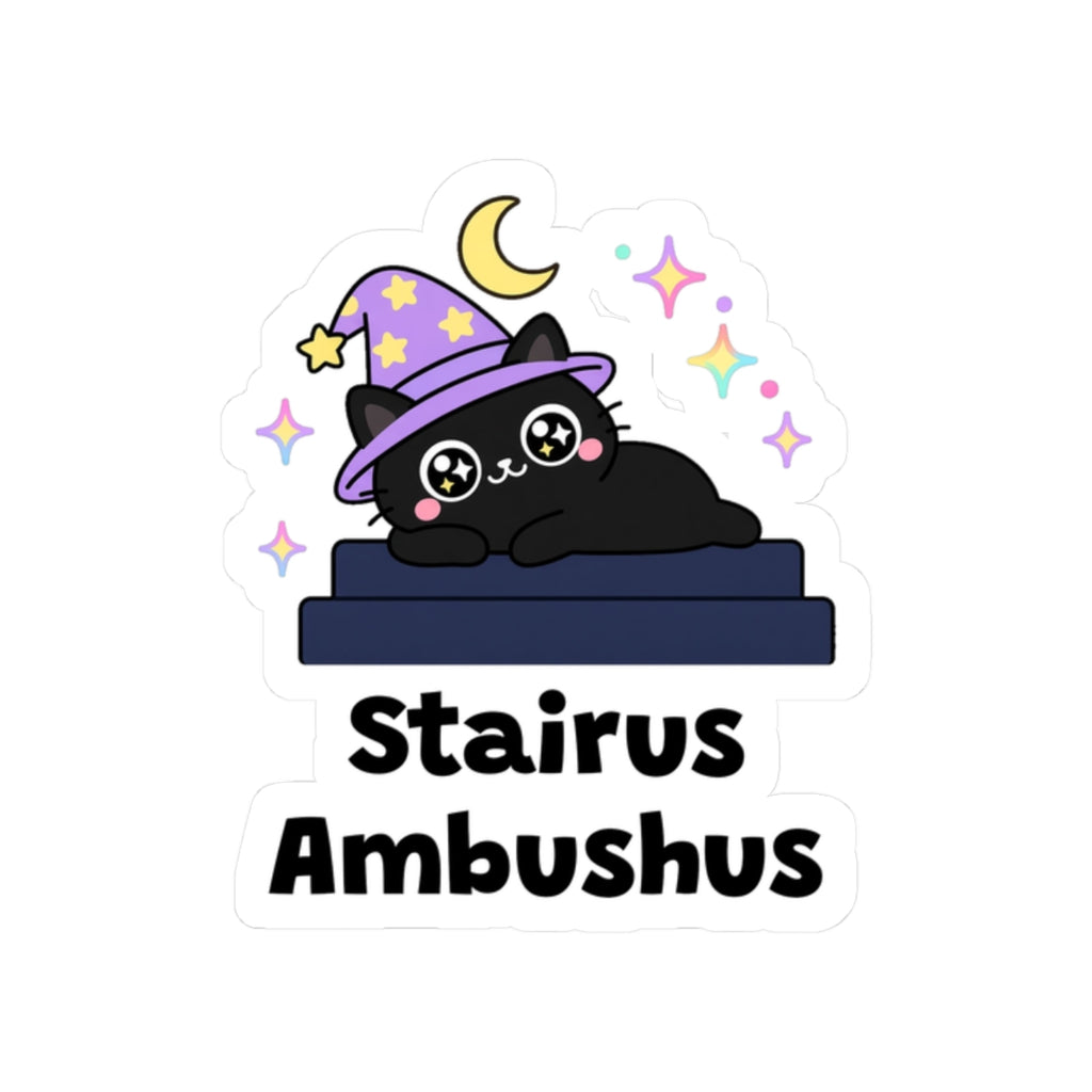 Stairus Ambushus kiss-cut vinyl sticker on a white background, size option 4: black wizard cat in a purple hat lying on a dark stair step under a crescent moon