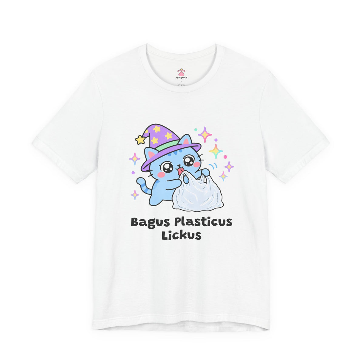 Blue wizard cat in a purple star hat happily licking a crinkly white plastic grocery bag, Bagus Plasticus Lickus tee