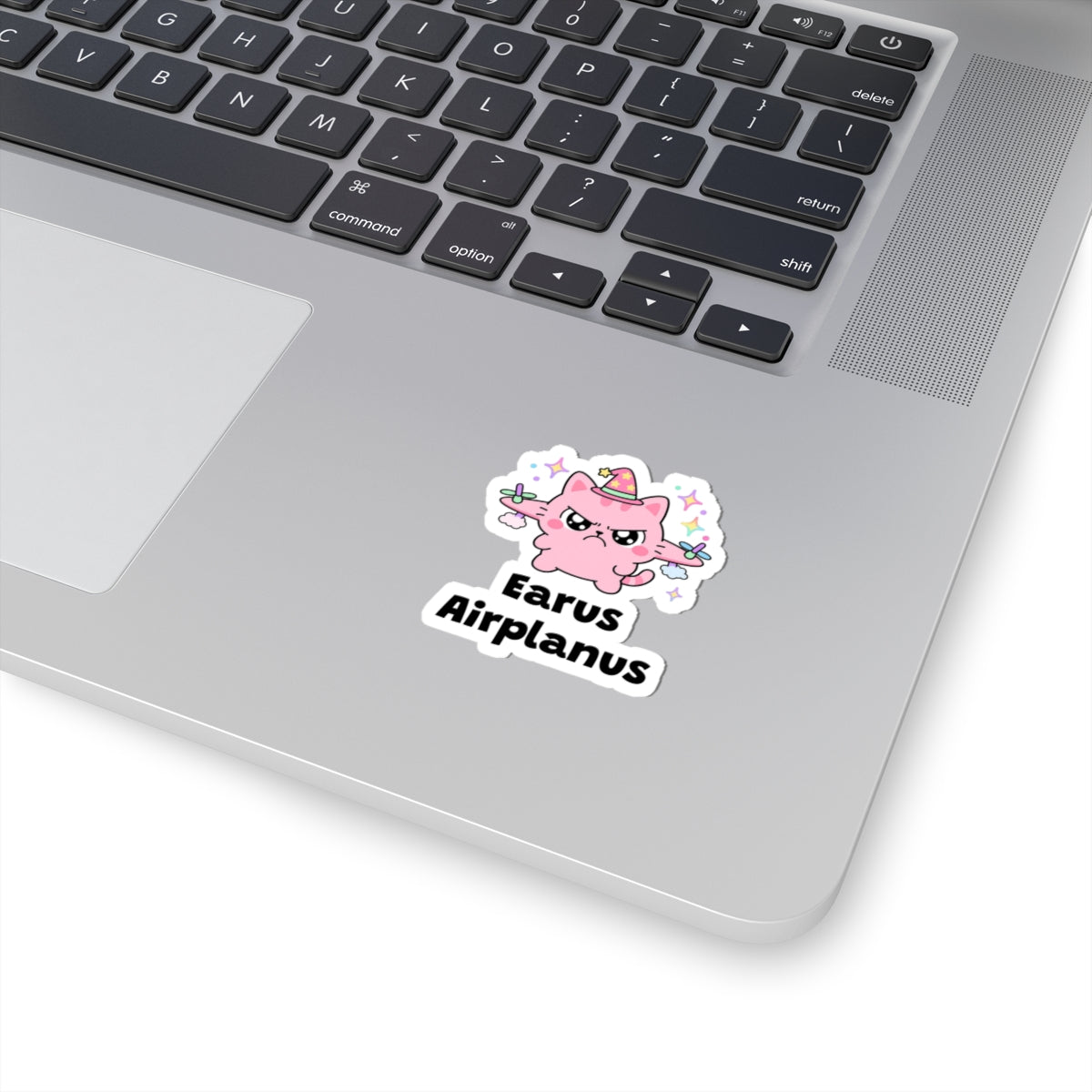 Earus Airplanus wizard cat sticker stuck on a silver laptop next to the keyboard