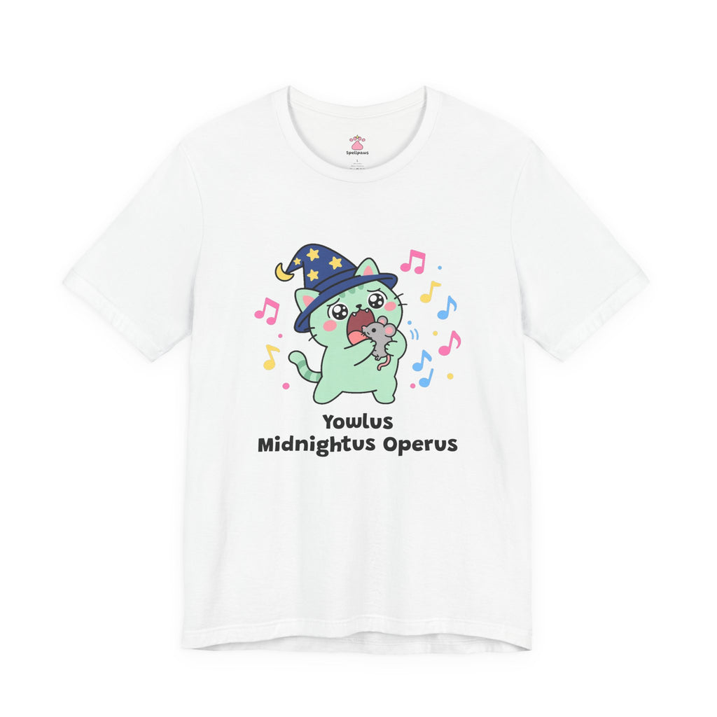 Mint wizard cat in a navy star hat singing opera at midnight holding a toy mouse, music notes all around, Yowlus Midnightus Operus tee