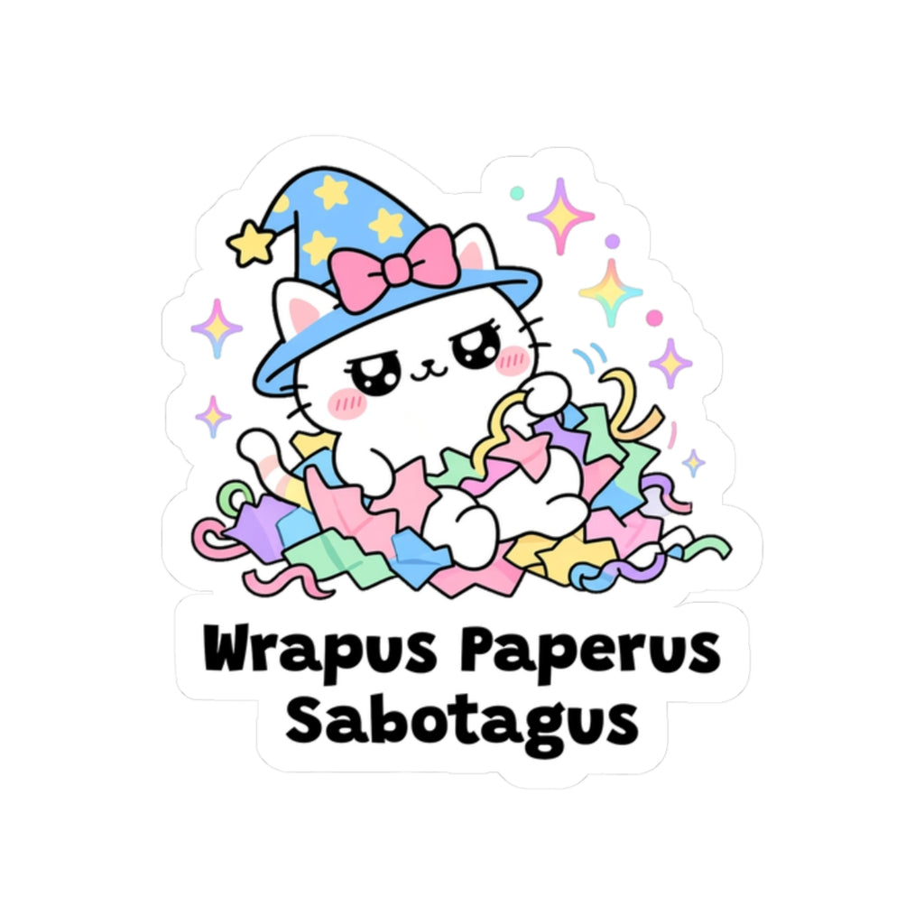 Wrapus Paperus Sabotagus kiss-cut vinyl sticker on a white background, size option 4: white wizard cat in a blue star hat with a pink bow, tangled in pastel wrapping paper