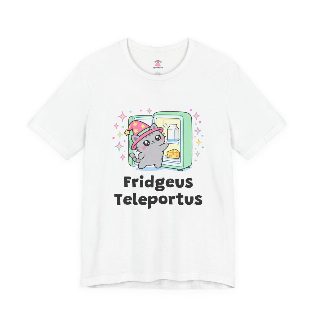 Gray wizard cat in a pink hat teleporting into an open green fridge next to a cheese wedge, Fridgeus Teleportus tee