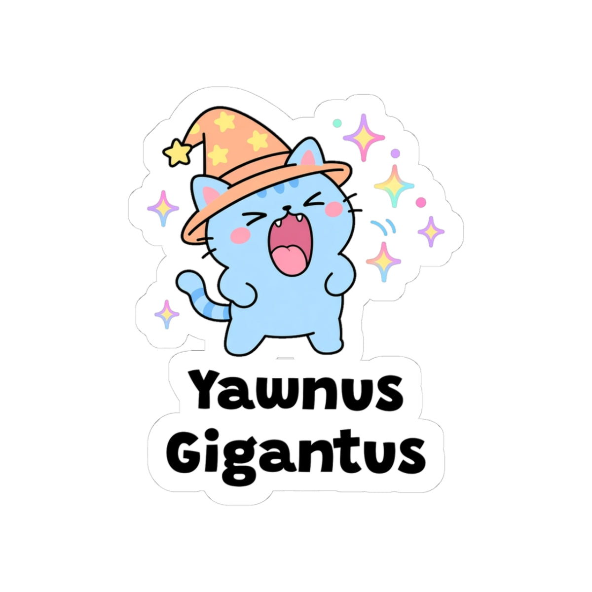 Yawnus Gigantus kiss-cut vinyl sticker with a white border: blue wizard cat in an orange hat mid-yawn showing tiny fangs, with "Yawnus Gigantus" in black letters