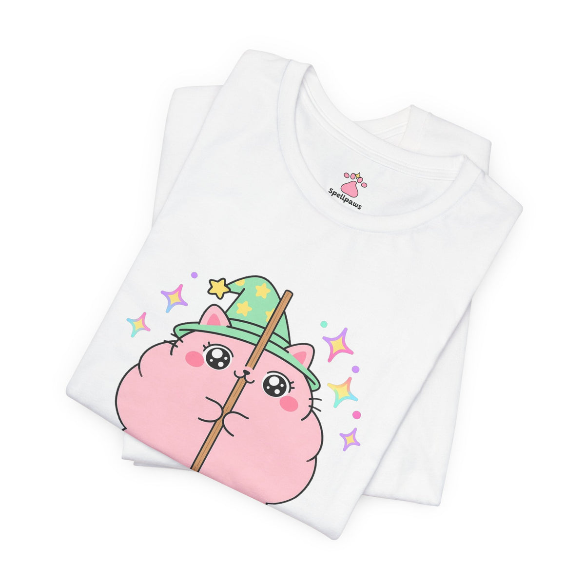 Chubby pink wizard cat hiding behind a thin chair leg with its whole body still visible, Hidus Terriblus tee