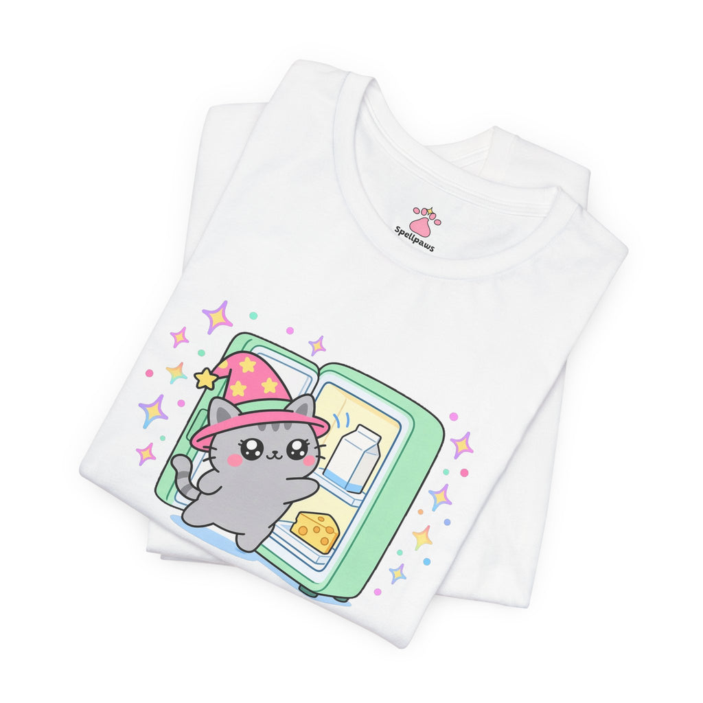 Gray wizard cat in a pink hat teleporting into an open green fridge next to a cheese wedge, Fridgeus Teleportus tee