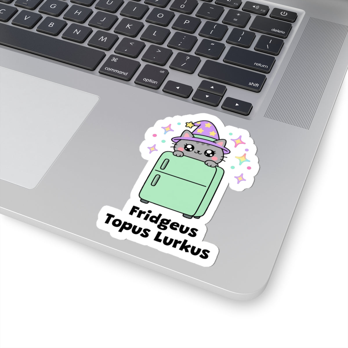 Fridgeus Topus Lurkus wizard cat sticker stuck on a silver laptop next to the keyboard