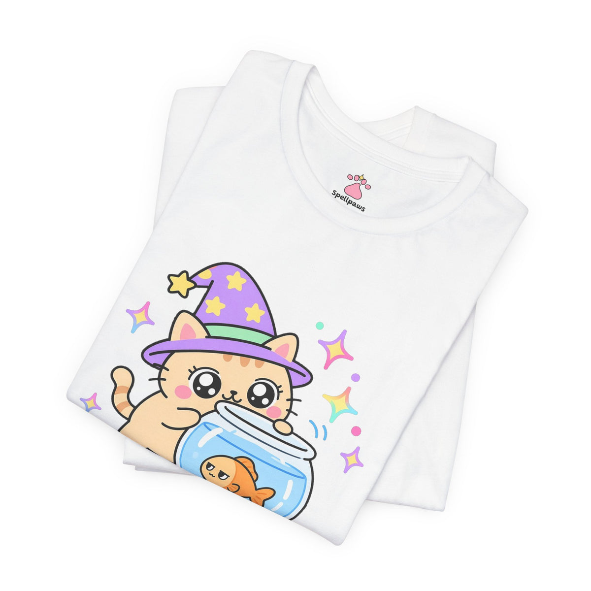 Wizard cat in a purple hat pressing its face against a fishbowl with a calm orange fish, Fishus Bowlus Stareus tee