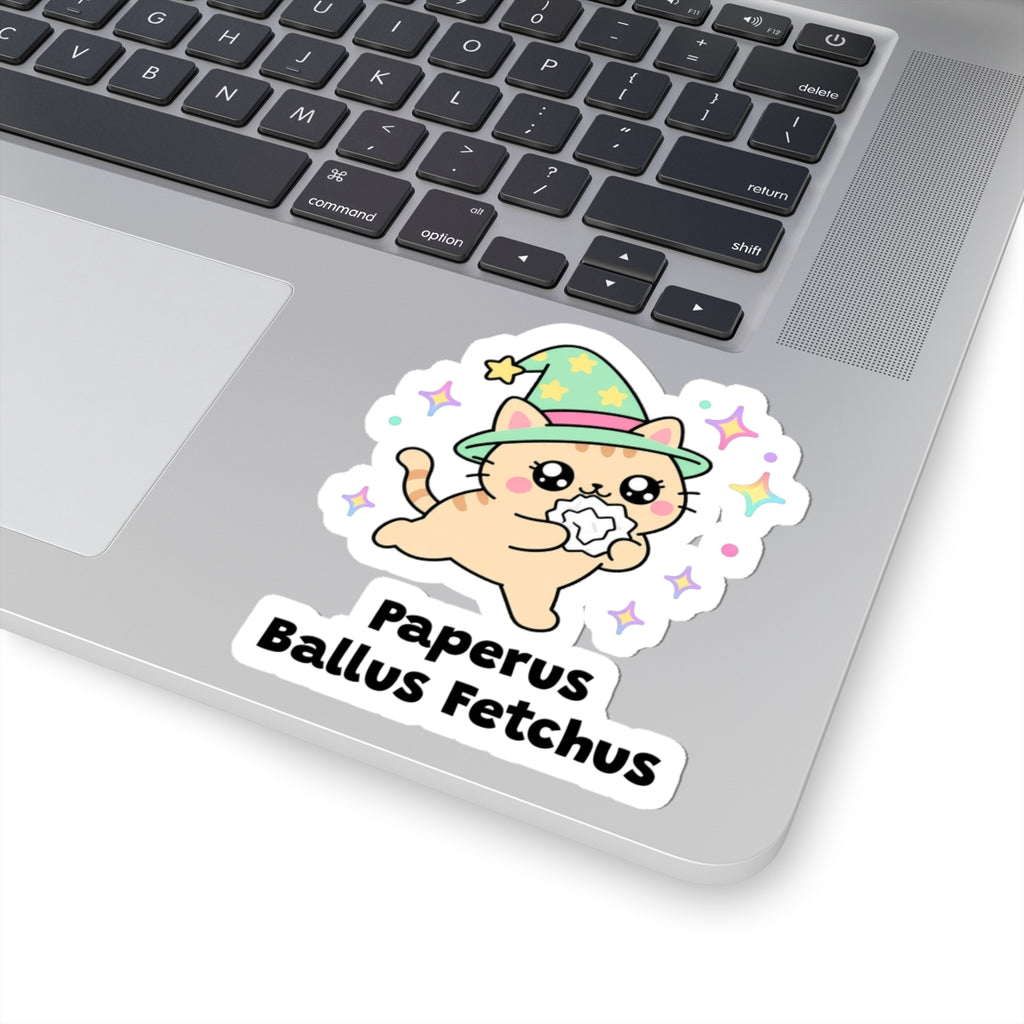 Paperus Ballus Fetchus wizard cat sticker stuck on a silver laptop next to the keyboard