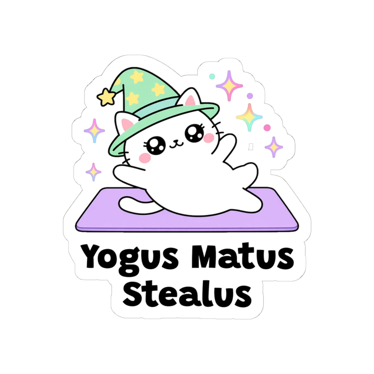 Yogus Matus Stealus kiss-cut vinyl sticker on a white background, size option 2: white wizard cat in a green hat lying on a purple yoga mat