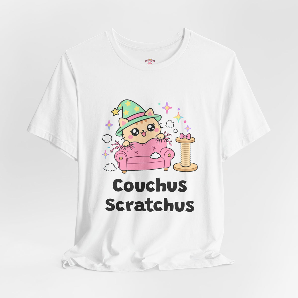 Ginger wizard cat in a green hat scratching a pink couch while a scratching post sits ignored beside it, Couchus Scratchus tee