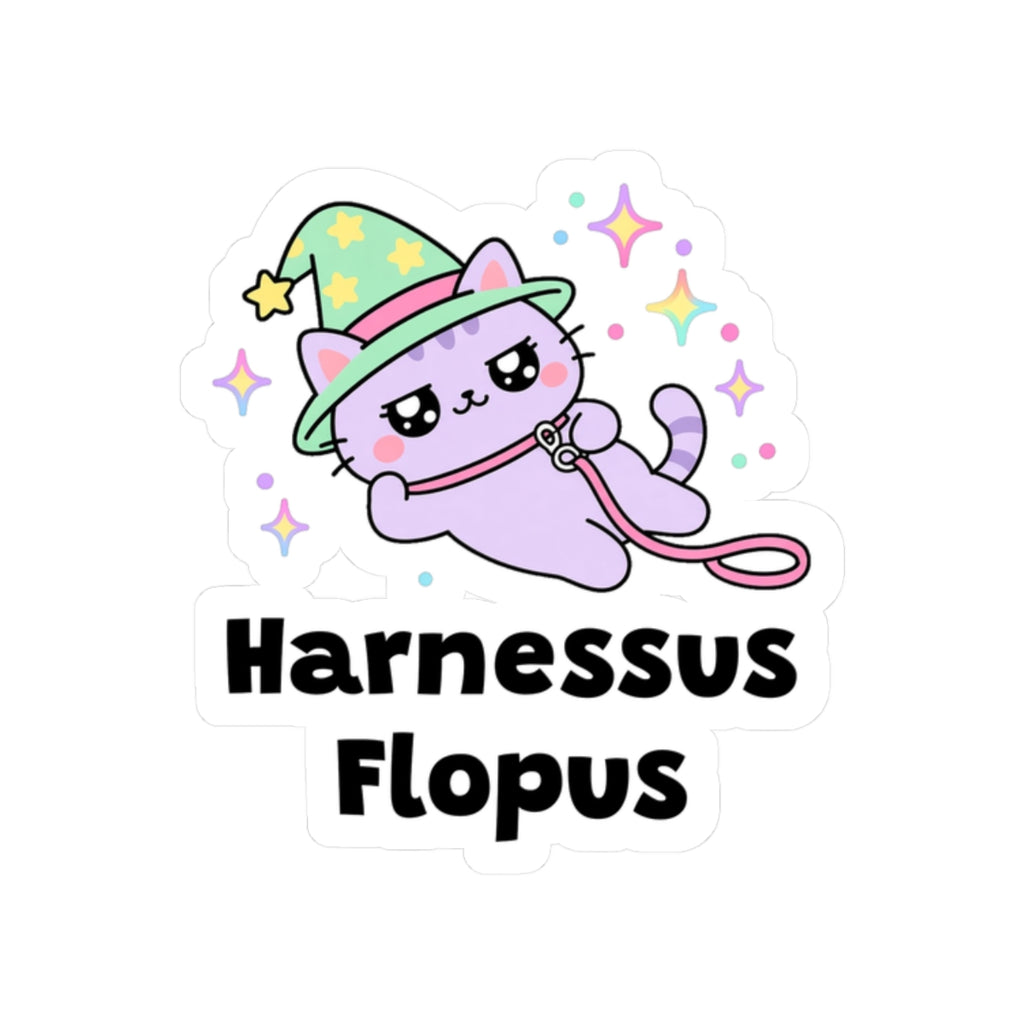 Harnessus Flopus kiss-cut vinyl sticker on a white background, size option 4: mint-green wizard cat in a pink hat flopped over in a harness and leash