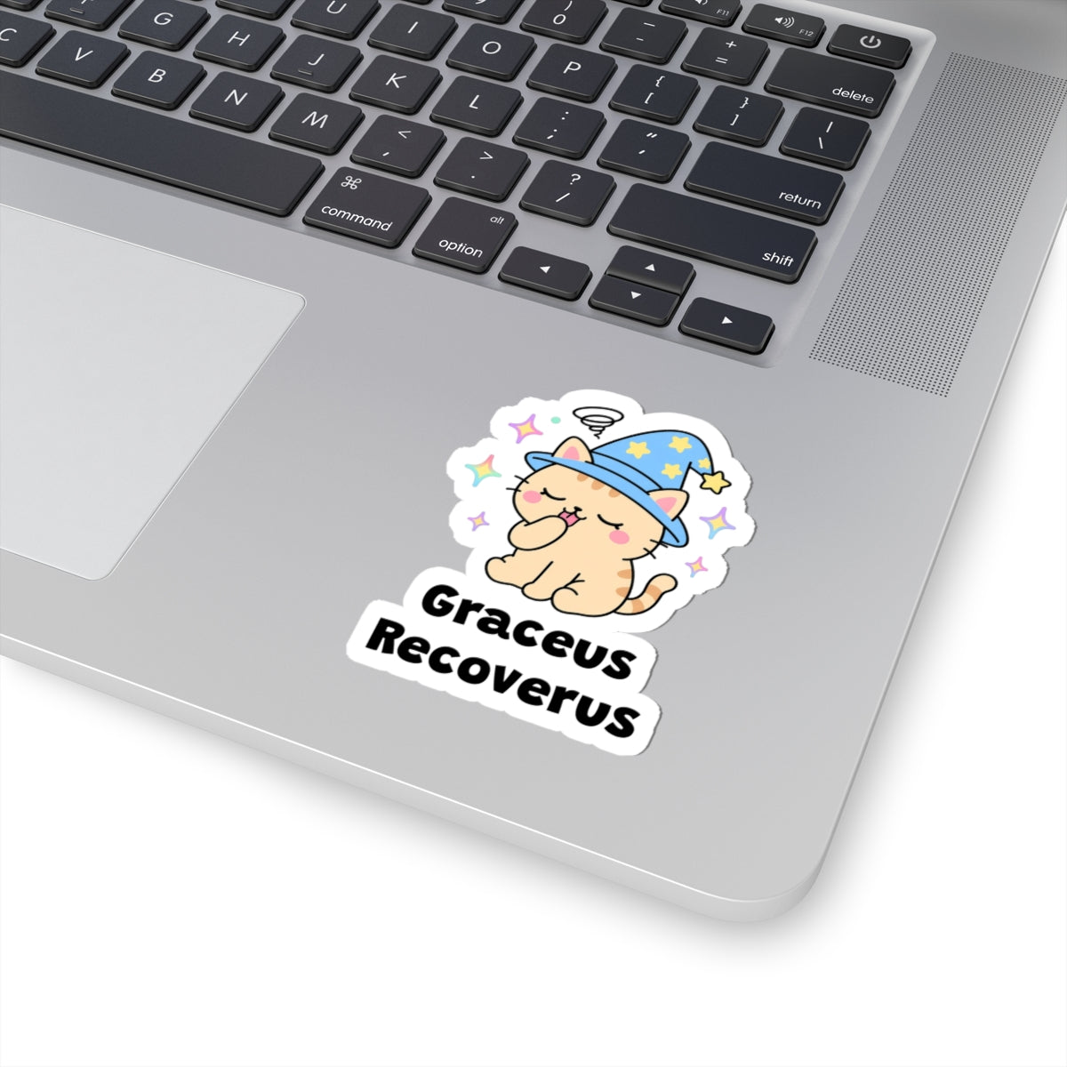 Graceus Recoverus wizard cat sticker stuck on a silver laptop next to the keyboard