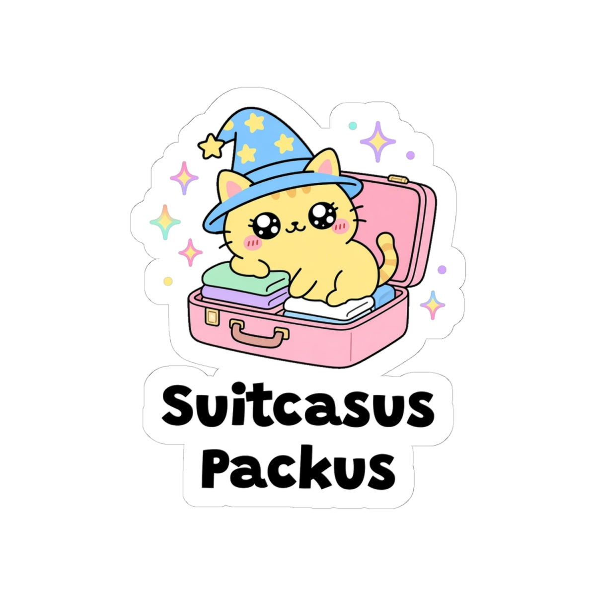 Suitcasus Packus kiss-cut vinyl sticker on a white background, size option 2: yellow wizard cat in a blue hat sitting in a packed pink suitcase