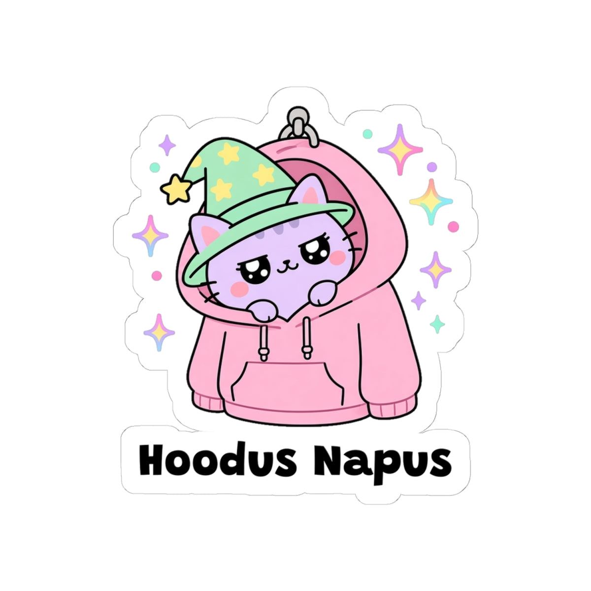 Hoodus Napus kiss-cut vinyl sticker on a white background, size option 2: grey wizard cat in a green hat snuggled in the hood of a pink hoodie
