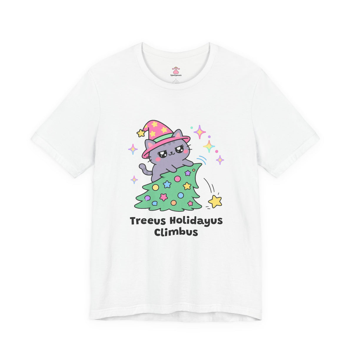 Gray wizard cat in a pink hat climbing to the top of a leaning decorated holiday tree, the star knocked off, Treeus Holidayus Climbus tee