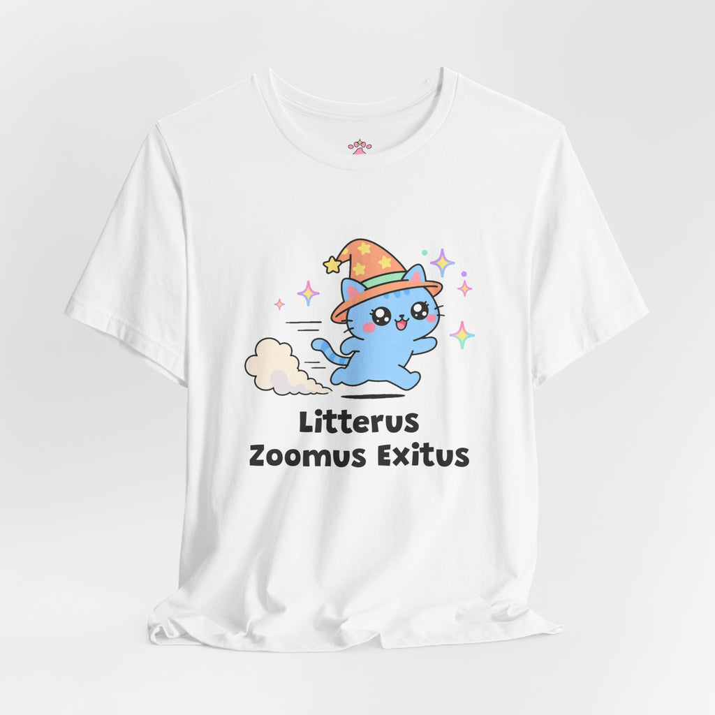 Blue wizard cat in an orange hat zooming away at top speed with a dust cloud trail behind it, Litterus Zoomus Exitus tee